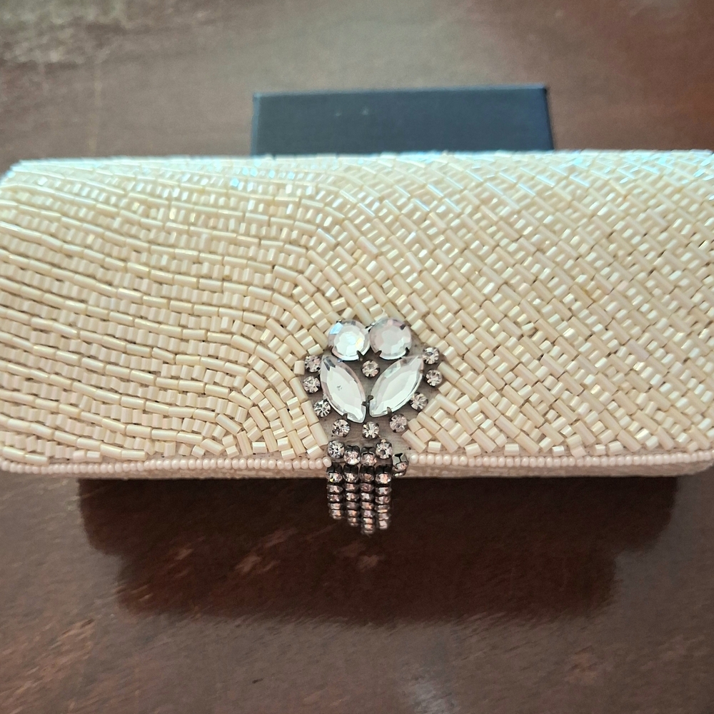 Elegant Cream Beaded Clutch with Crystal Accent Lotus London